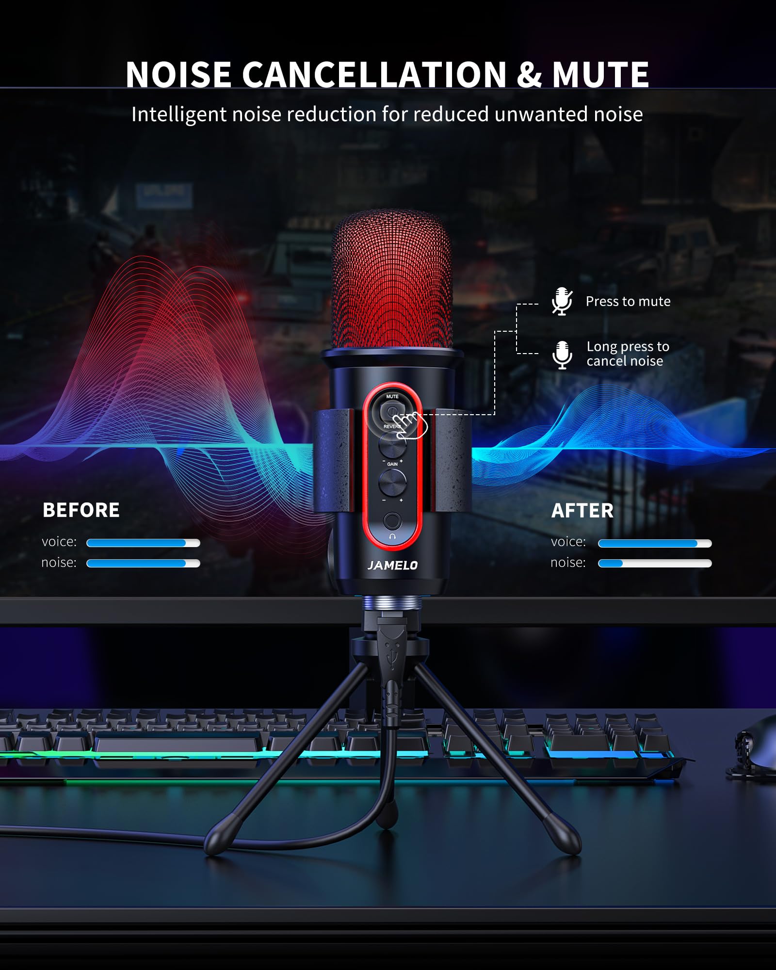 JAMELO Gaming Microphone, USB Computer Condenser Mic for PC/Laptop/Phone/PS4/5, RGB, Headphone Output, Volume Control,Plug and P